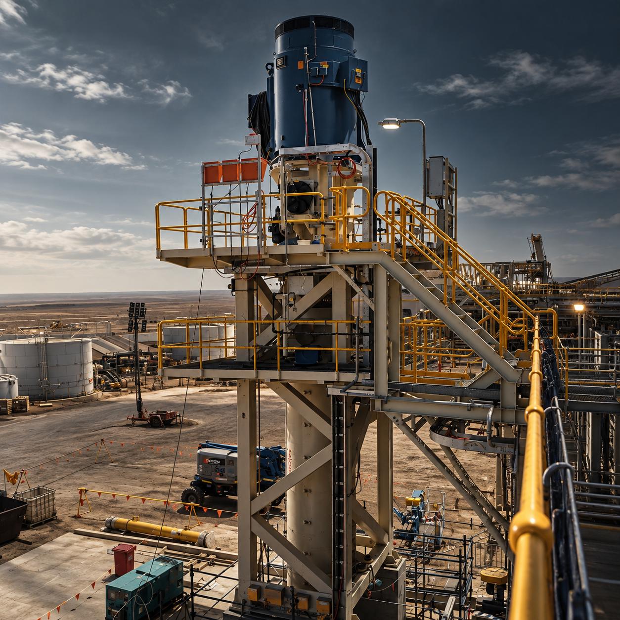 Yellow Migmill stirred mill inside a mineral processing hall