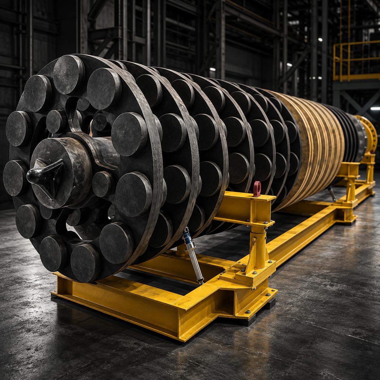 Machined alloy mill liners and wear parts on a steel workbench